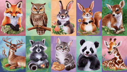 Obraz premium A delightful arrangement of stickers, each featuring adorable and intricately painted animals