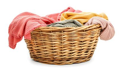 Overturned laundry basket full of clothes isolated on white