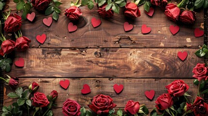 A romantic backdrop featuring roses hearts and a wooden board sets the scene for Valentine s Day or a special wedding celebration