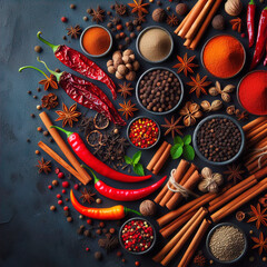 Colorful spices on wooden table 