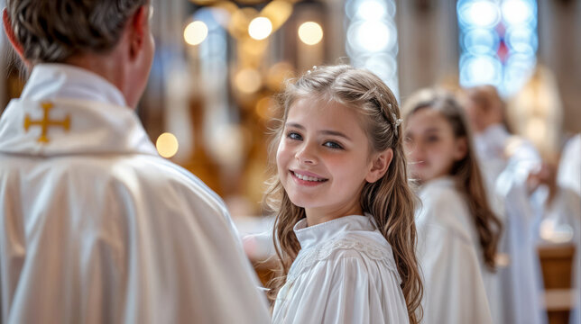 Young girl smiling during a First Communion ceremony in a church, wearing a white dress.