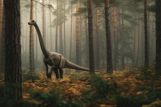 Fototapeta Lifelike rendering of a towering dinosaur set in an atmospheric fern-covered forest