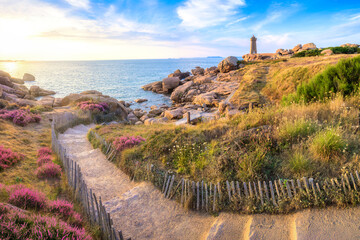 Lighthouse of Ploumanach at the golden hour in Perros-Guirec, Cotes d'Armor, Brittany, France