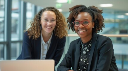 Smiling Businesswomen Using Laptop