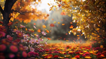 Fall scenery with vibrant autumn leaves and blossoming flowers