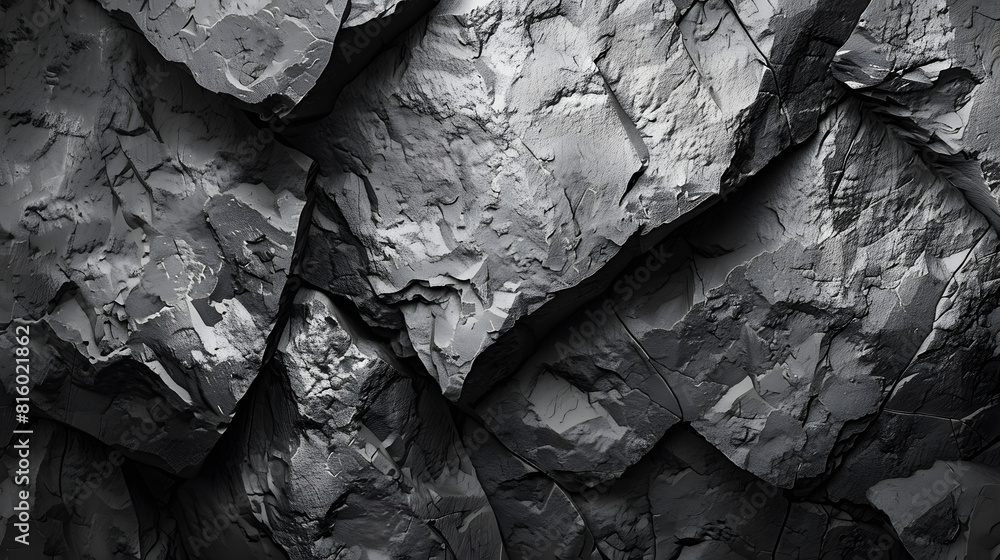 Poster Black white stone texture Rock surface Closeup Like a old rough concrete wall Dark gray grunge background with space for design Template Backdrop Wide banner Panoramic : Generative AI