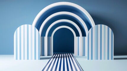 Fototapeta premium A modern, abstract architectural scene featuring arches and striped patterns in blue and white tones. The design creates a playful and inviting atmosphere, ideal for creative spaces