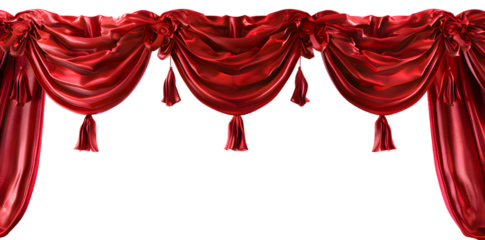 Red open curtain isolated on transparent background.