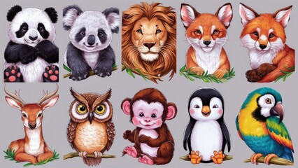Fototapeta premium A delightful arrangement of stickers, each featuring adorable and intricately painted animals