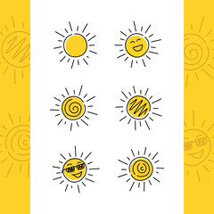 Sun Icon Emoticon Hand Drawn Monoline Vector Illustrations