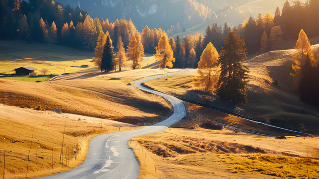 Autumn landscape with beautiful yellow and trees and curved empty road Dolomites Aple di suisi Seiser alm Italy : Generative AI