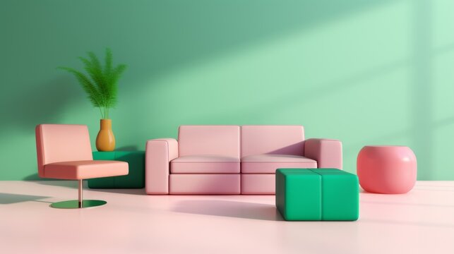 A modern living room with pastel-colored furniture, including a pink sofa, a green ottoman, a pink chair, and a pink side table. A green plant in a yellow vase is placed on the side table