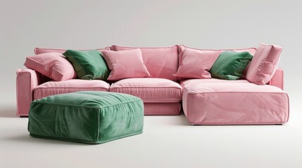 A modern pink sectional sofa with green cushions and a matching green ottoman on a plain background