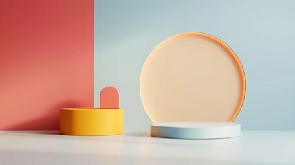 A minimalist geometric composition with colorful shapes, including a yellow cylinder, a pink arch, and a large circular form. The background features a split color scheme of pink and blue