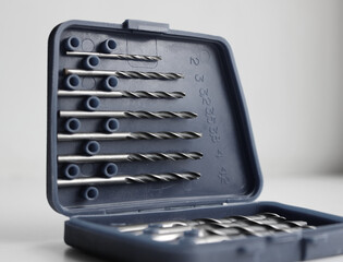 Opened lid of set box for drill bits storage studio isolated stock photo
