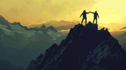 silhouette of hikers holding hands on mountain top celebrating success and teamwork digital painting