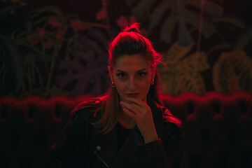 Young woman in a dark lounge under red neon light at night