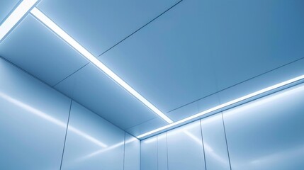 A modern elevator interior with sleek blue walls and bright LED lighting. The ceiling features linear light fixtures, creating a futuristic ambiance