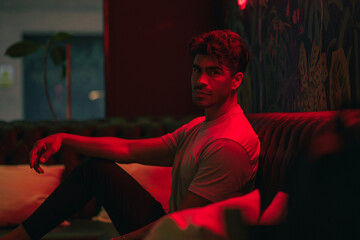 Man in a dark lounge under red neon light at night