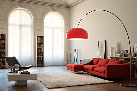 Living room interior with Arco Flos floor lamp.