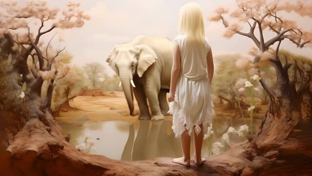 Albino child gazing in wonder at the majestic wildlife of the African savanna, their innocent curiosity a reflection of the boundless beauty of the natural world	
