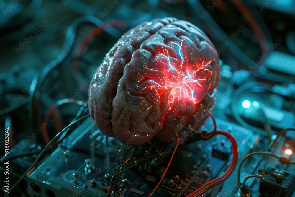 Poster an illuminated brain amidst circuit boards, illustrating advanced neural tech