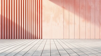 A modern interior space featuring a textured pink wall with vertical wooden slats and a smooth wooden floor. The lighting creates soft shadows, enhancing the minimalist design