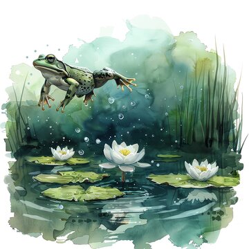 A watercolor frog leaping from lily pad to lily pad in a pond.