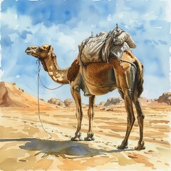 A watercolor camel trekking across a sandy desert.