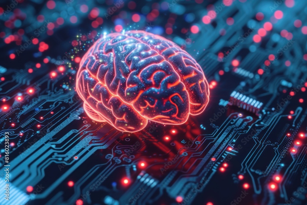 Poster 3d illustration of a luminous brain structured over a high-tech circuit board symbolizing artificial