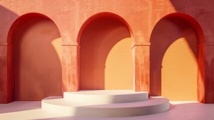 Fototapeta premium A minimalist architectural scene featuring three arches and a circular staircase bathed in warm sunlight, casting soft shadows