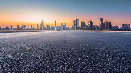 Asphalt road and city skyline with modern building at sunset in Suzhou Jiangsu Province China : Generative AI