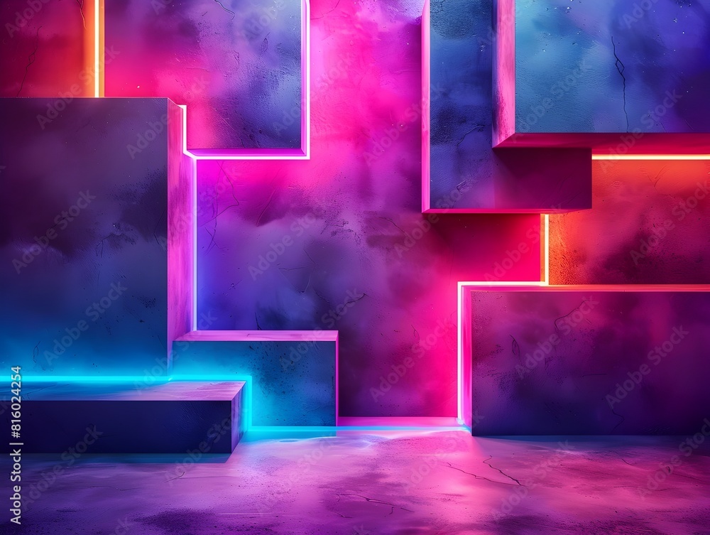 Poster neon geometric shapes interlocking for a modern product display with vibrant colorful lighting and c