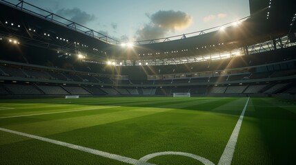 Fototapeta premium An empty stadium at dusk, spectacular lighting, shadows and reflections on the field 