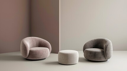 A modern interior scene featuring two stylish, plush armchairs in soft pink and gray colors, accompanied by a round ottoman. The background showcases a minimalist design with muted tones