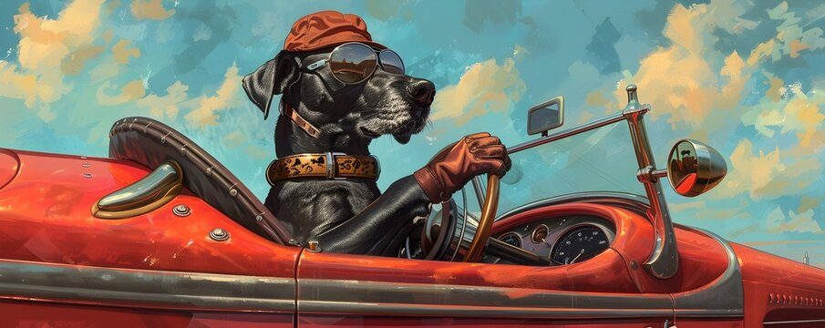 Dignified Canine Commandeering Classic Convertible Roadster in Diesel Inspired Digital Painting