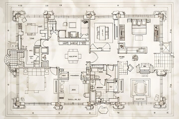 Detailed Residential Architectural Blueprint: Showcasing Room Layout, Fixtures and Furniture Placement