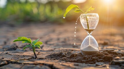 Hourglass with water dripping onto a plant in dry soil, metaphorically representing water conservation, drought, and climate change