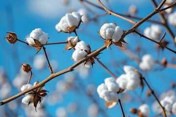 Detailed view of cotton bolls on branches with a vibrant blue sky backdrop
