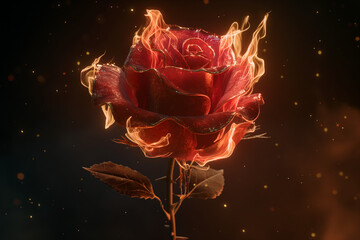 red rose on black background, A 3D render illustration depicts a red rose surrounded by flickering flames, standing boldly against a deep black background