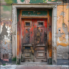 Old ancient colourful textured door in a stone wall in Naples, Italy. Vintage doorway. 
