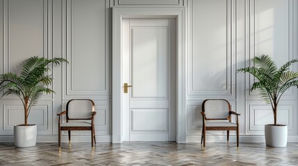 Hiring concept. A row of empty office chairs stands next to the office door.
