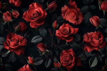 bunch of red roses, A beautiful seamless pattern showcases vibrant red roses on a striking black background, creating a visually captivating design