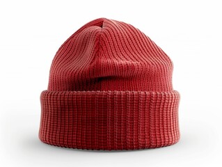 A blank red beanie hat is showcased against a pristine white background for design mockup purposes.