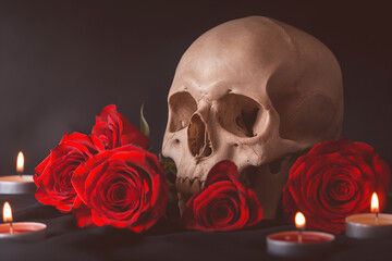 skull with candle and rose, A captivating Vanitas composition features a human skull surrounded by vibrant red roses, isolated against a dramatic black background