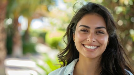smiling young hispanic woman looking at camera attractive and friendly portrait digital photo