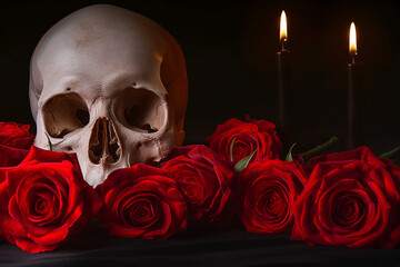 skull and roses, A captivating Vanitas composition features a human skull surrounded by vibrant red roses, isolated against a dramatic black background