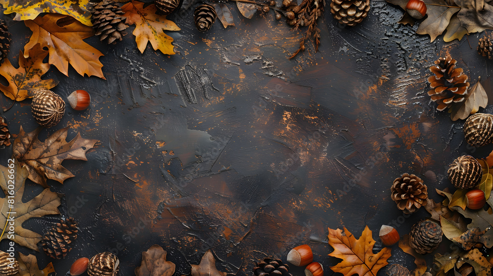 Poster Colorful autumn leaves nuts and pine cones Double border over a rustic dark banner background Top down view with copy space : Generative AI
