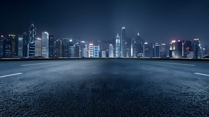 Panoramic skyline and modern commercial buildings with empty road Asphalt road and cityscape at night : Generative AI