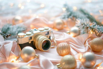 photo camera and christmas decorations, A Christmas photo session background sets the stage with a pastel neutral color backdrop adorned with delicate bokeh